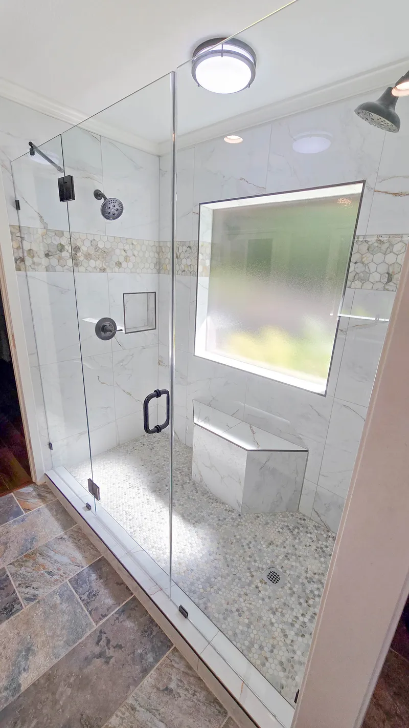 Obscure glass window and double shower renovation details