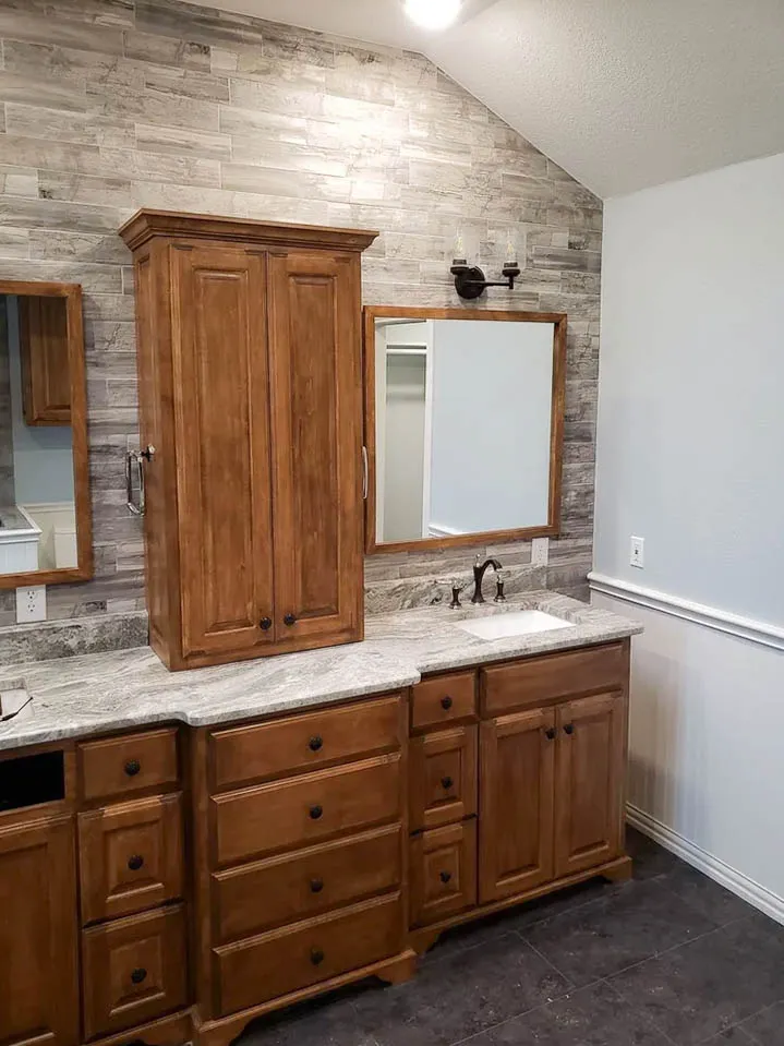 Granite Vanity & Walk-In Shower custom double vanity and center tower close-up