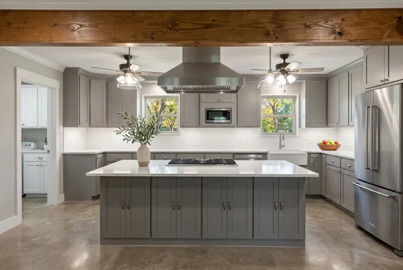 Finished Cash, Texas kitchen showing the open-concept layout and ceiling beam
