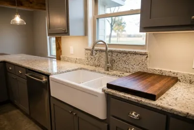 White farmhouse sink and modern faucet close-up